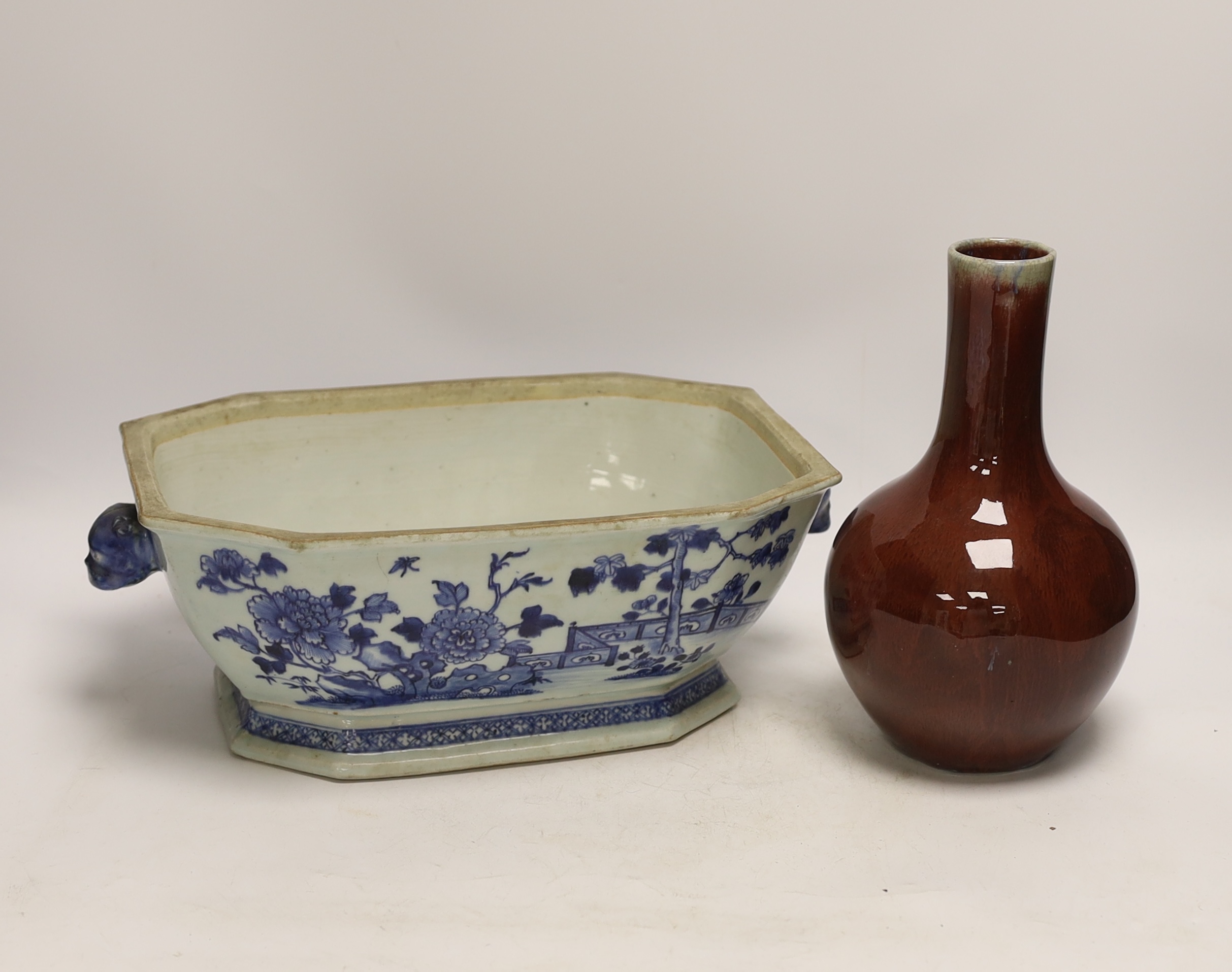 An 18th century Chinese blue and white tureen together with a sang de boeuf vase